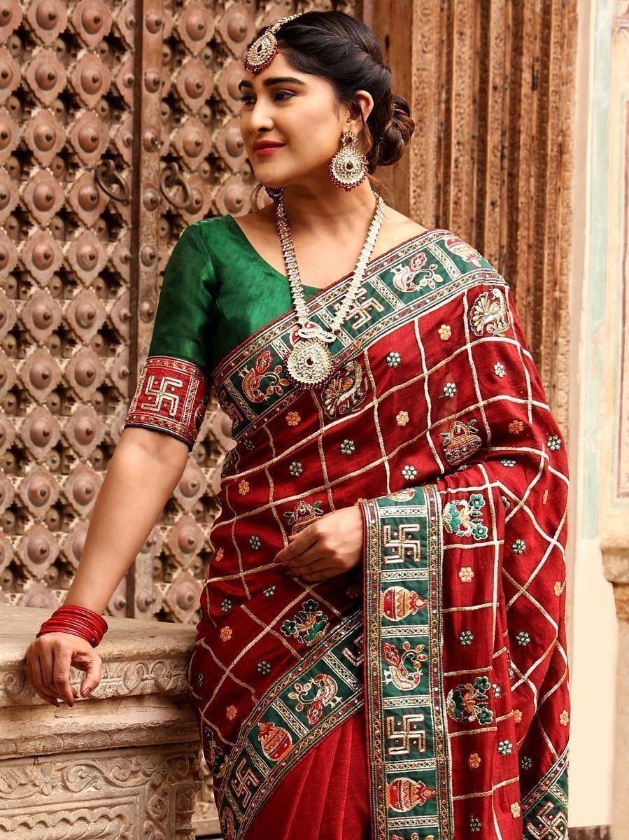 Fascinating Red Embroidered Silk Wedding Wear Panetar Saree With Blouse
