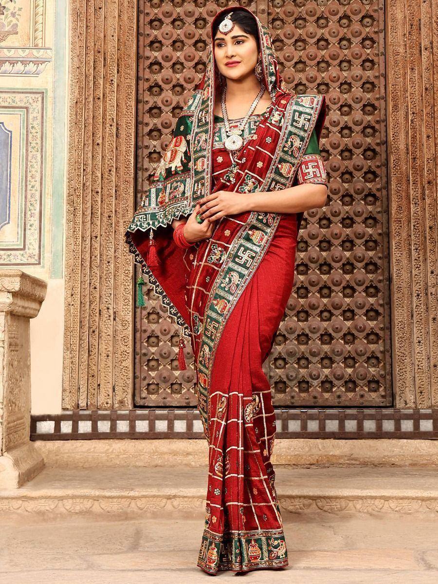Fascinating Red Embroidered Silk Wedding Wear Panetar Saree With Blouse