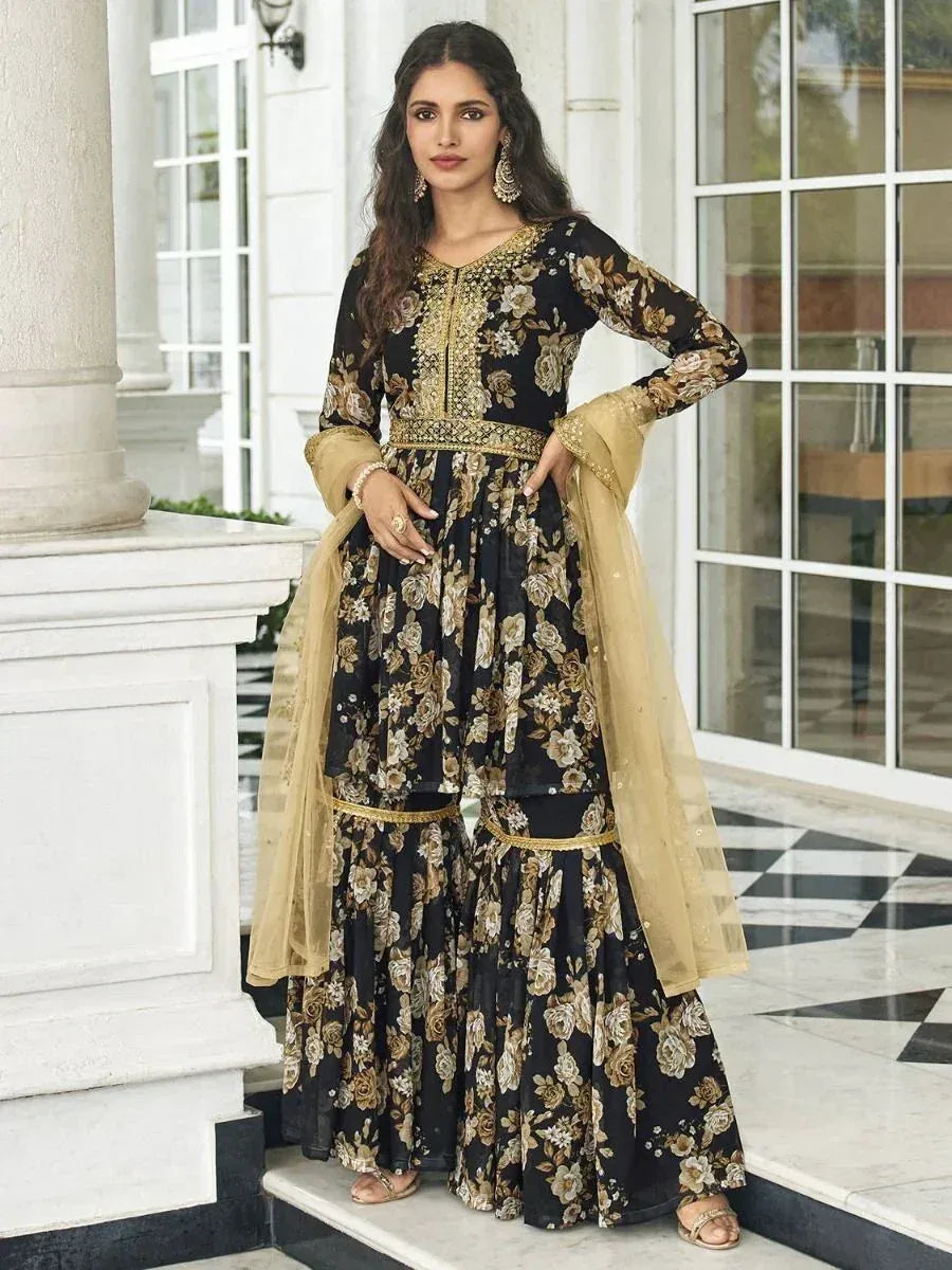 Black floral print anarkali suit with gold embroidery and dupatta, elegant Indian ethnic wear