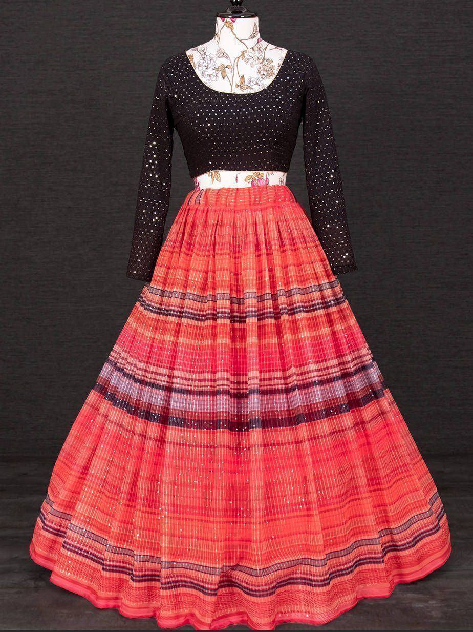 Black sequin top with red plaid lehenga skirt, Indian ethnic wear for women