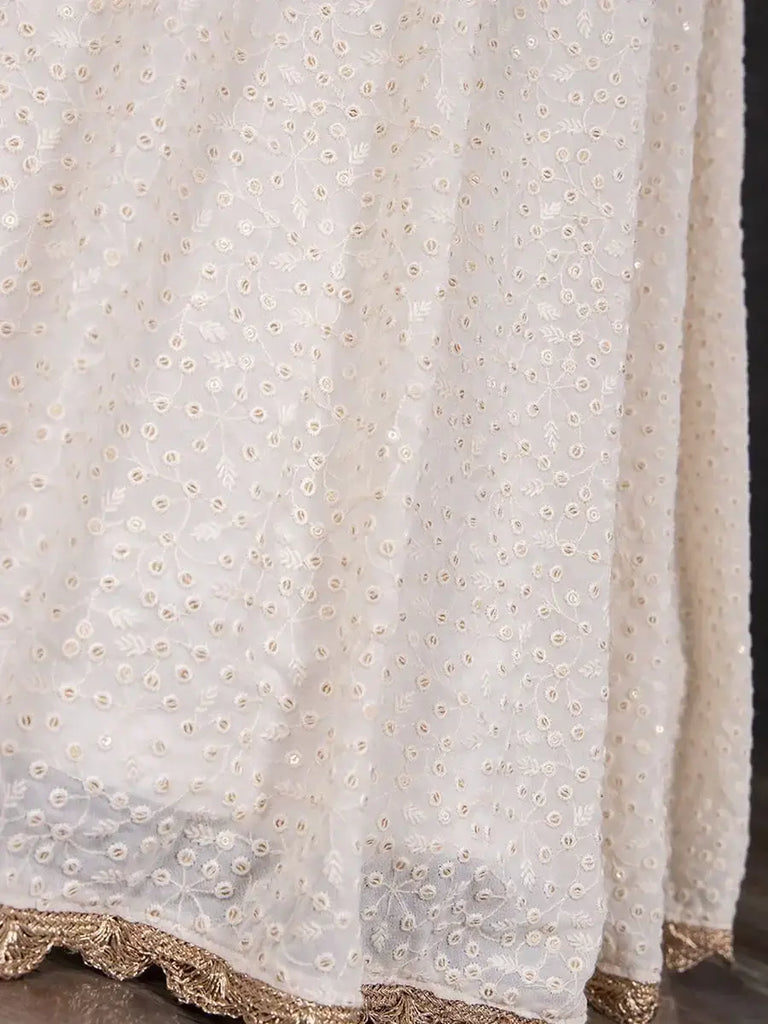Stunning White Sequined Georgette Party Wear Crop-Top Lehenga