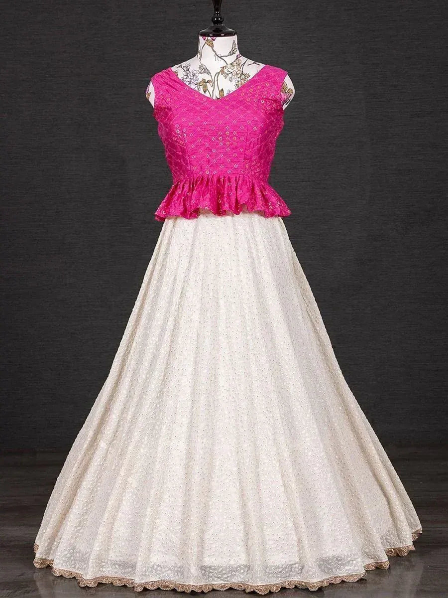 Pink embroidered peplum top with white lehenga skirt, Indian ethnic wear for women