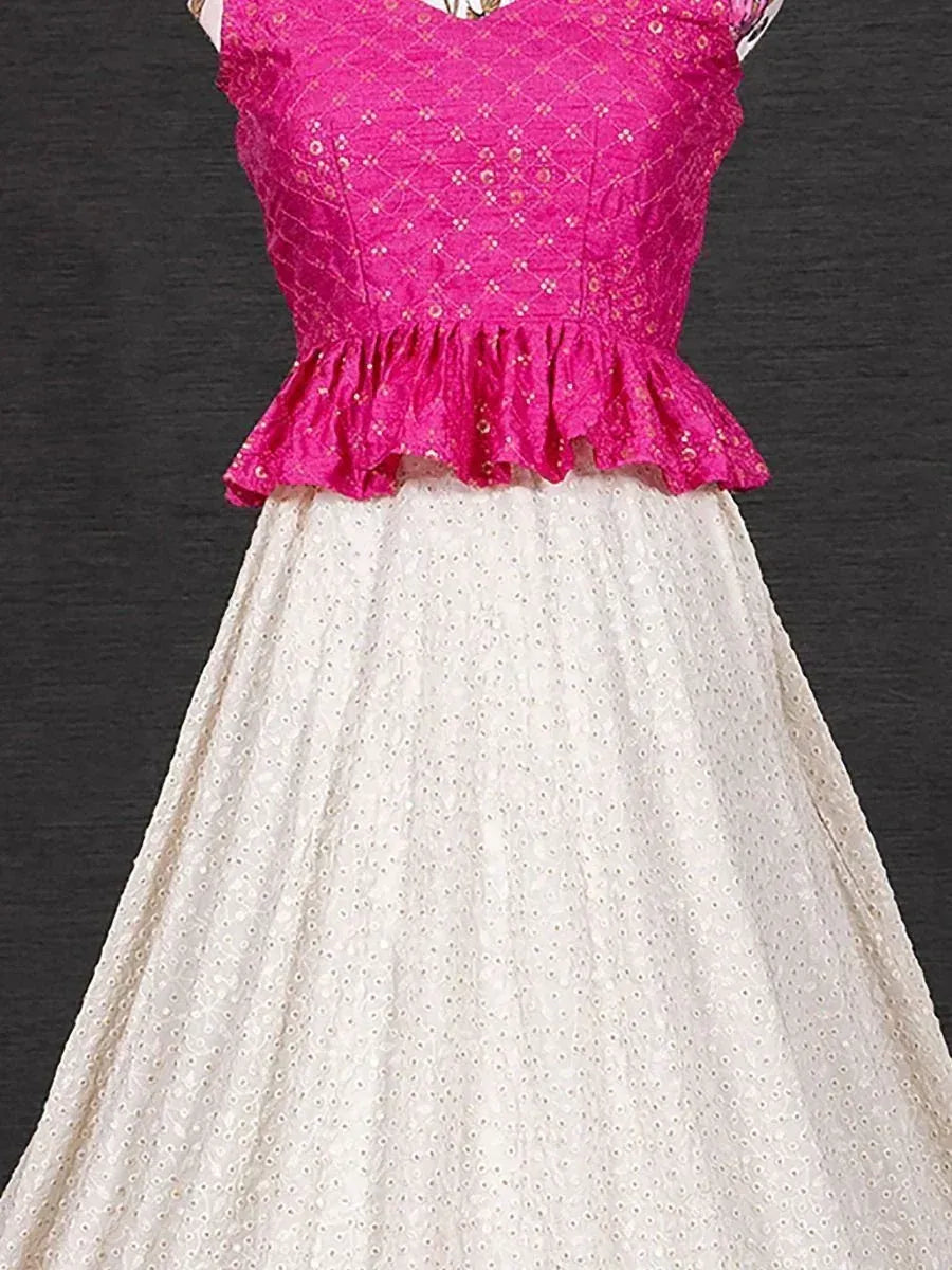Pink embroidered peplum top with white floral skirt, Indian ethnic wear for women