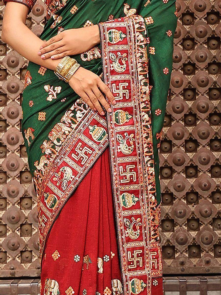Captivating Red-Green Embroidered Silk Wedding Panetar Saree With Blouse