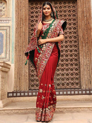 Captivating Red-Green Embroidered Silk Wedding Panetar Saree With Blouse