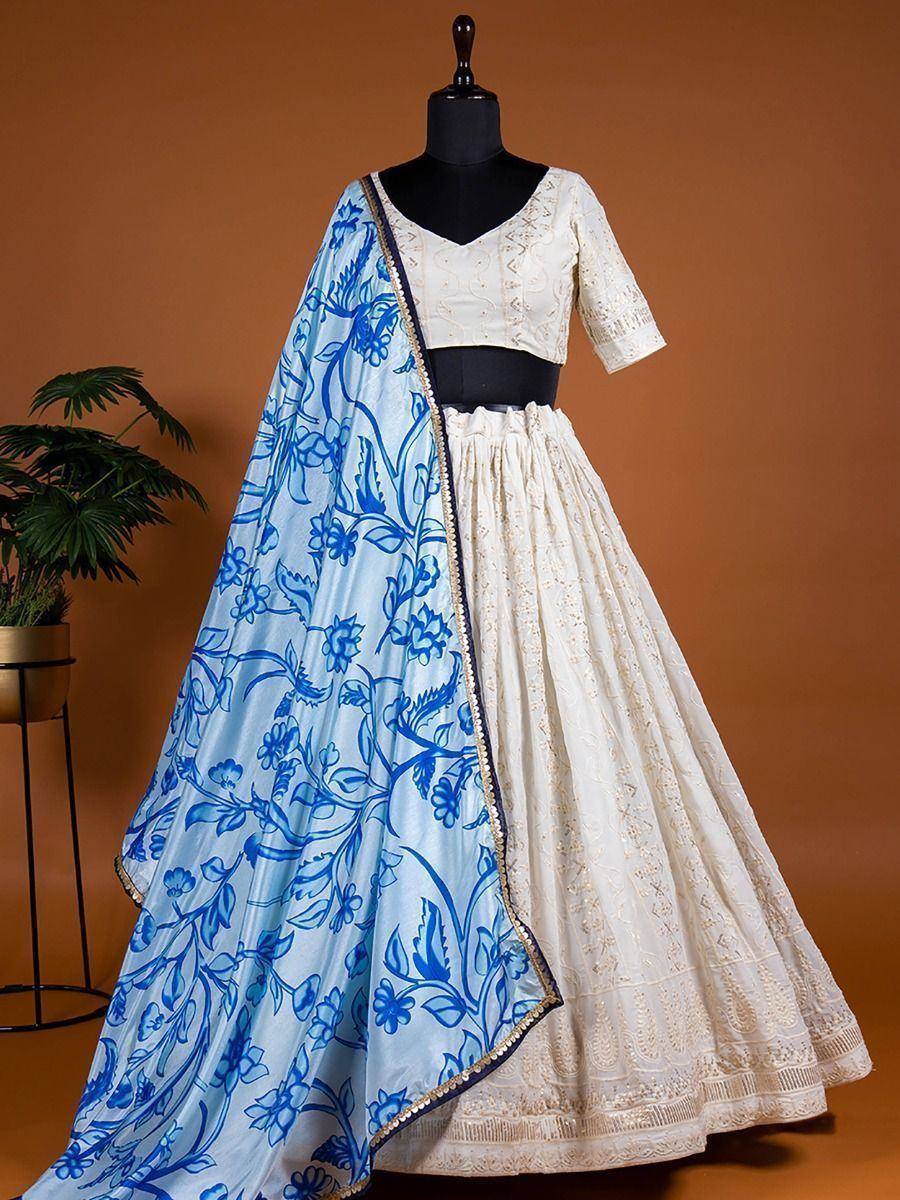 White embroidered lehenga choli with blue floral dupatta, Indian ethnic wear