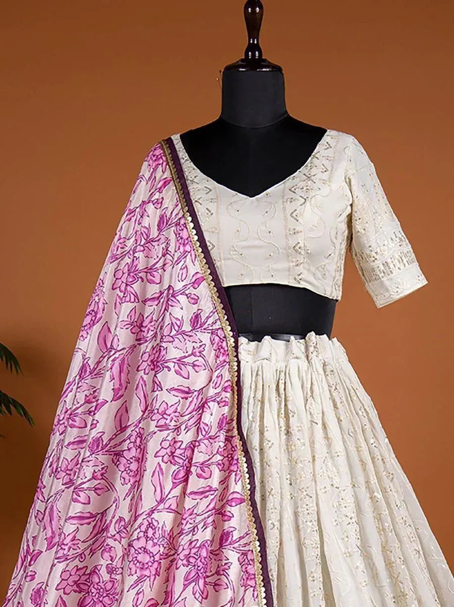 Cream embroidered lehenga choli with pink floral dupatta, Indian ethnic wear