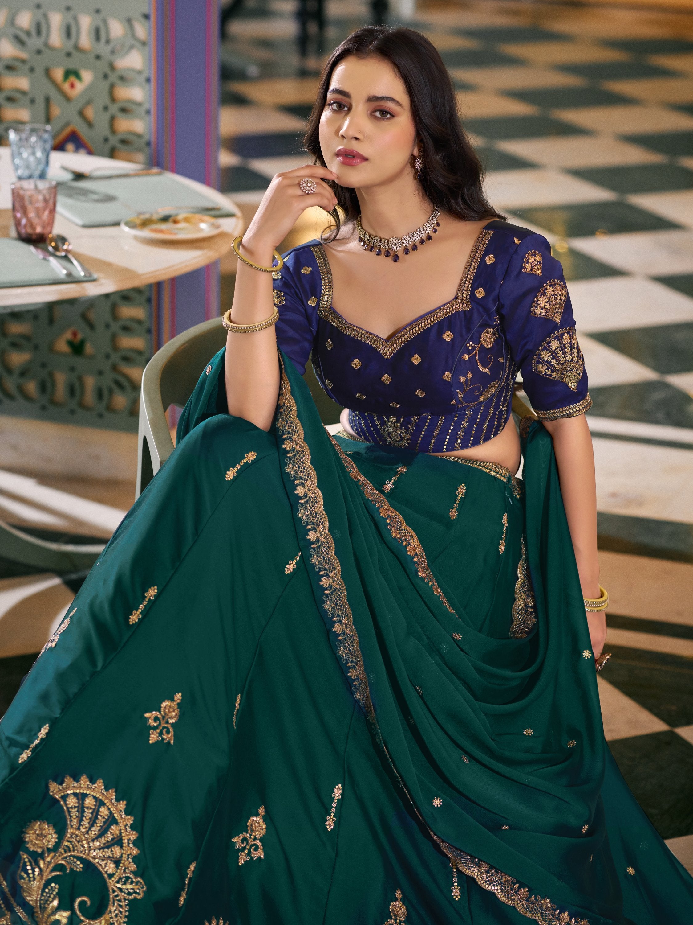 Sparkling Green Thread Embroidery Silk Evening Wear Lehenga Choli