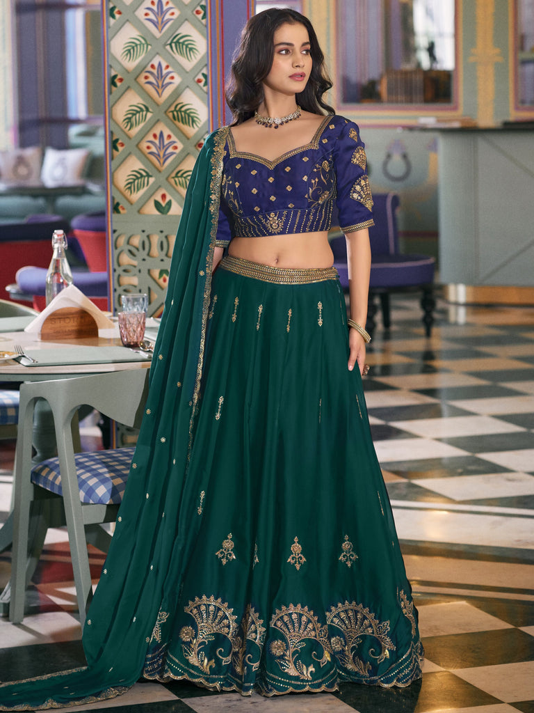 Sparkling Green Thread Embroidery Silk Evening Wear Lehenga Choli