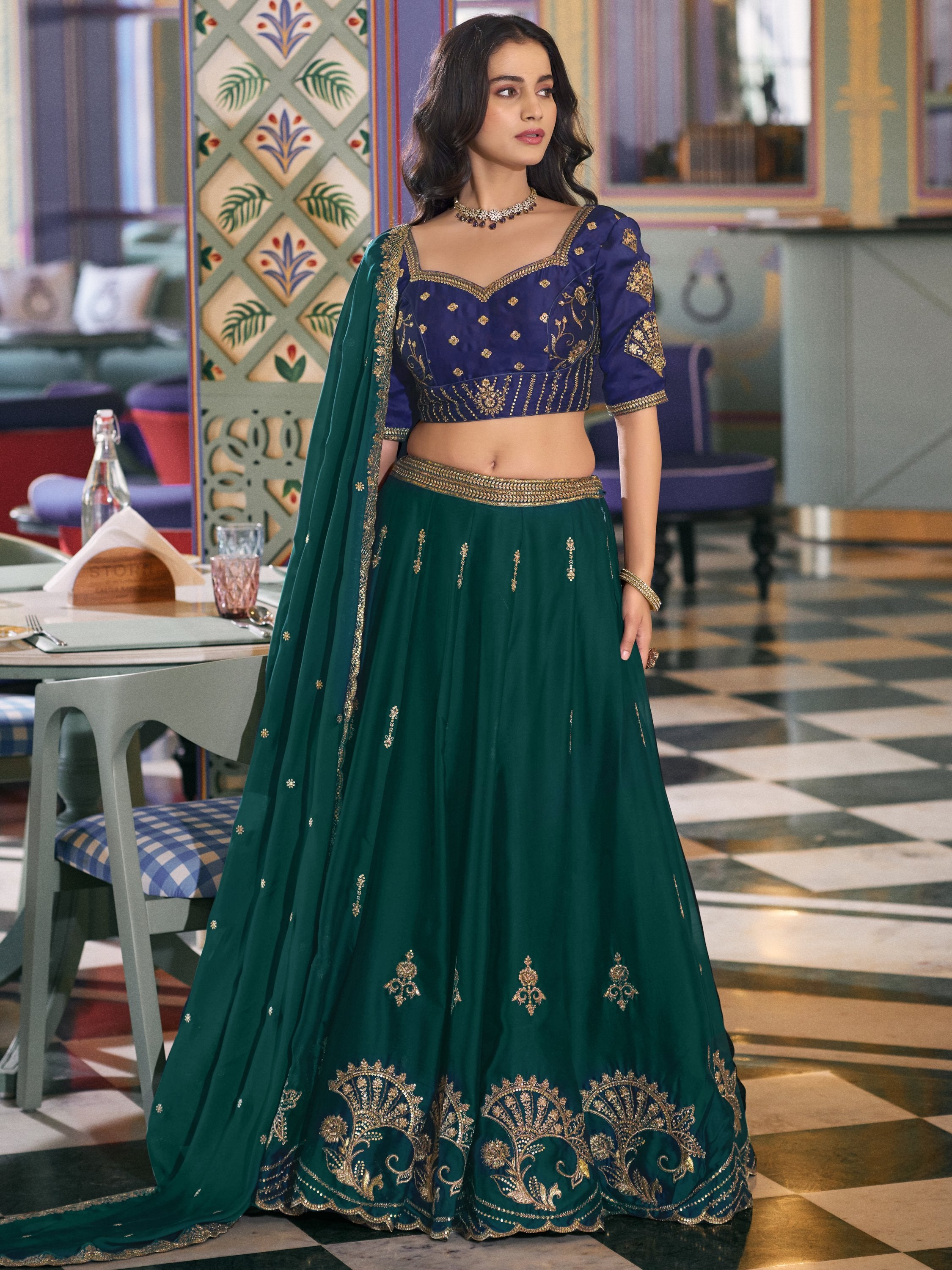 Sparkling Green Thread Embroidery Silk Evening Wear Lehenga Choli