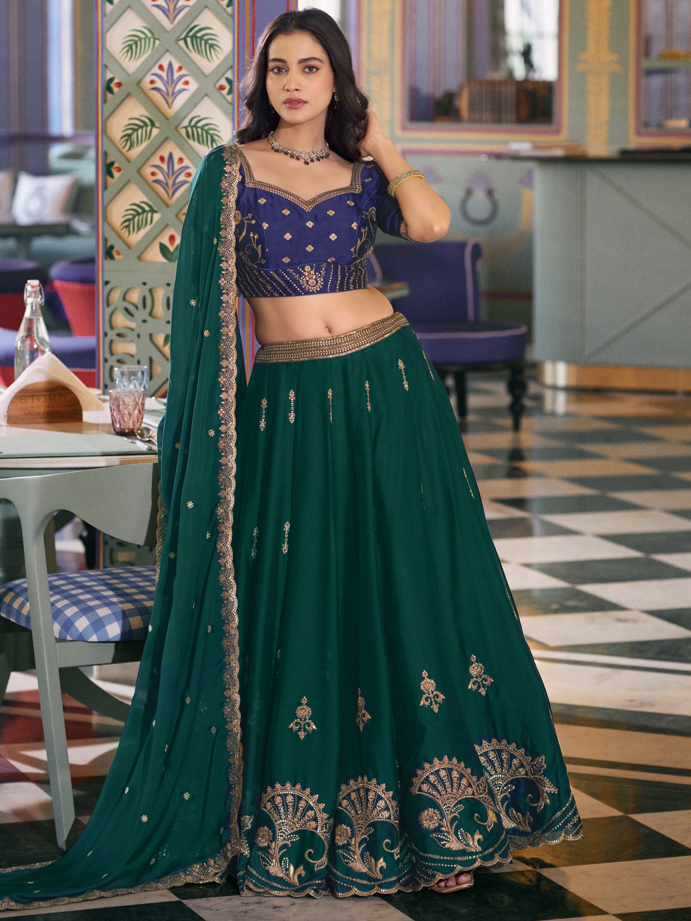 Sparkling Green Thread Embroidery Silk Evening Wear Lehenga Choli