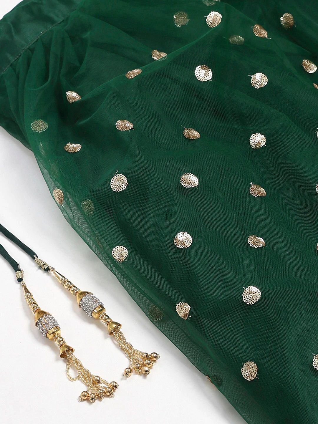 Green & Golden Semi-Stitched Myntra Festive Lehenga & Unstitched Blouse with Dupatta
