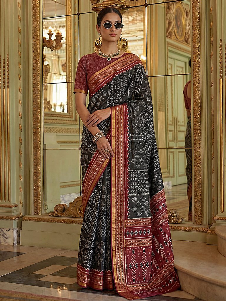 Stunning Black Zari Weaving Silk Festive Wear Saree