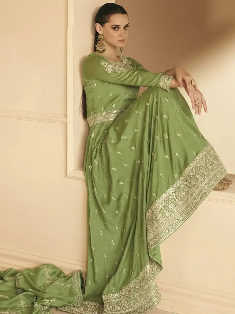Sumptuous Green Thread Embroidery Silk Ready Made Gown With Dupatta