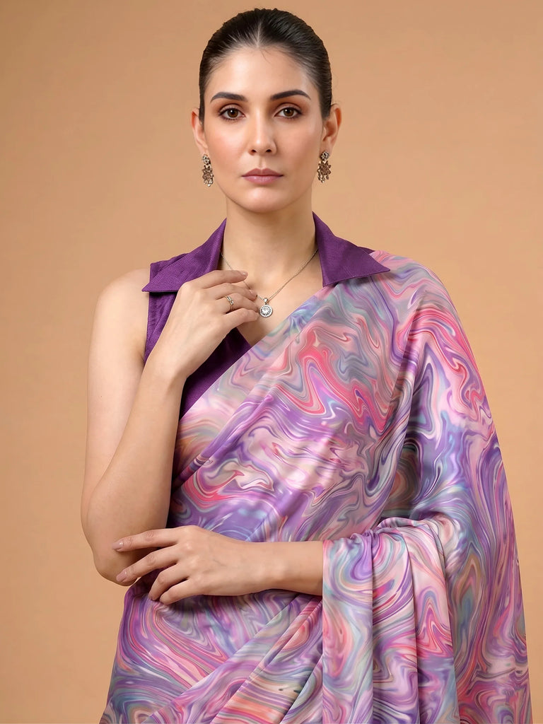 Charming Lavender Digital Printed Satin Festive Wear Saree With Blouse
