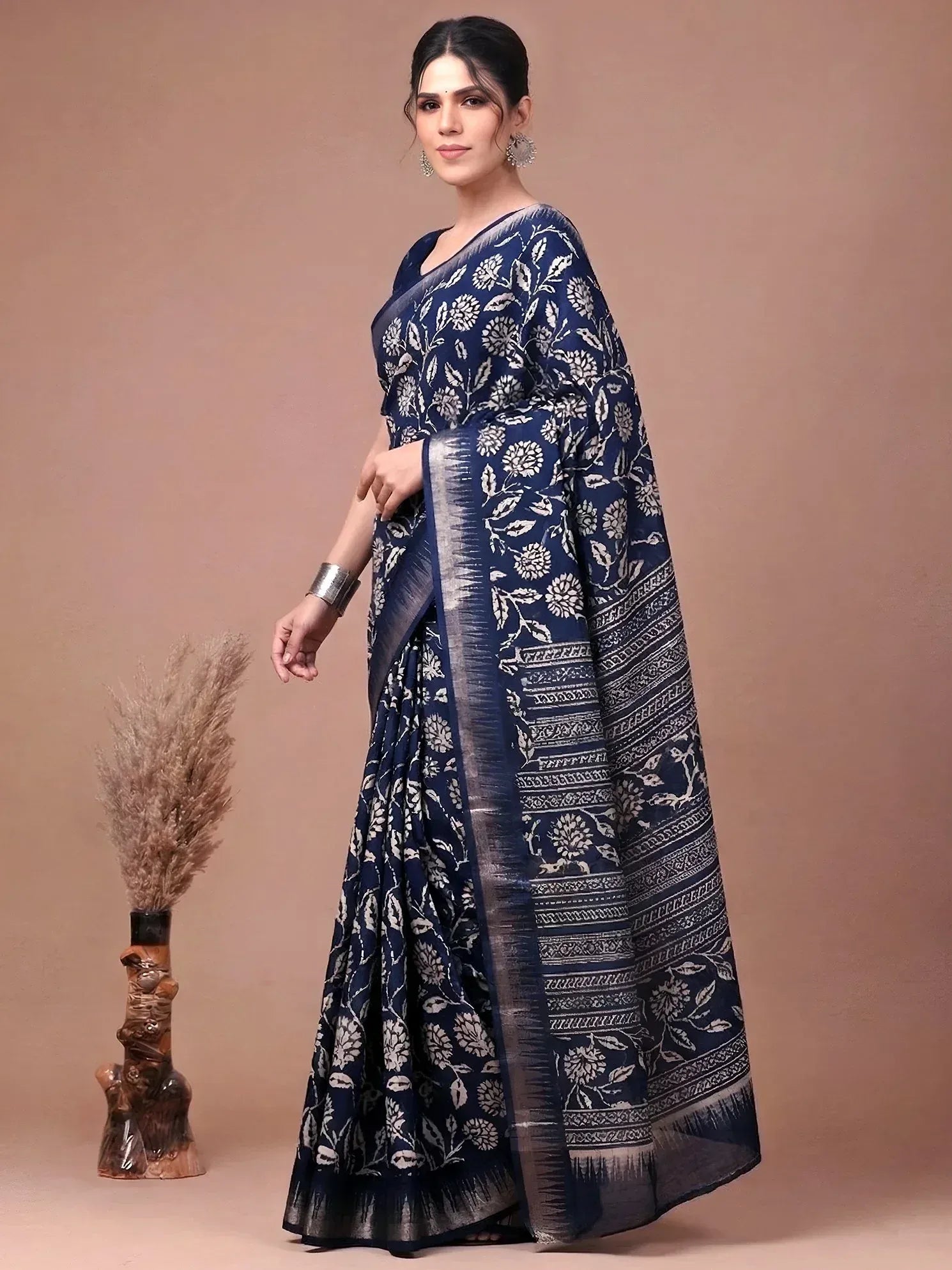 Classy Navy Blue Floral Printed Silk Office Wear Saree With Blouse