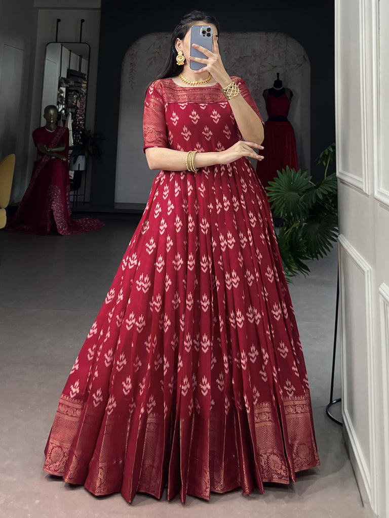 Precious Red Zari Weaving Cotton Wedding Wear Gown