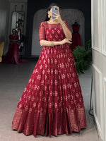 Precious Red Zari Weaving Cotton Wedding Wear Gown