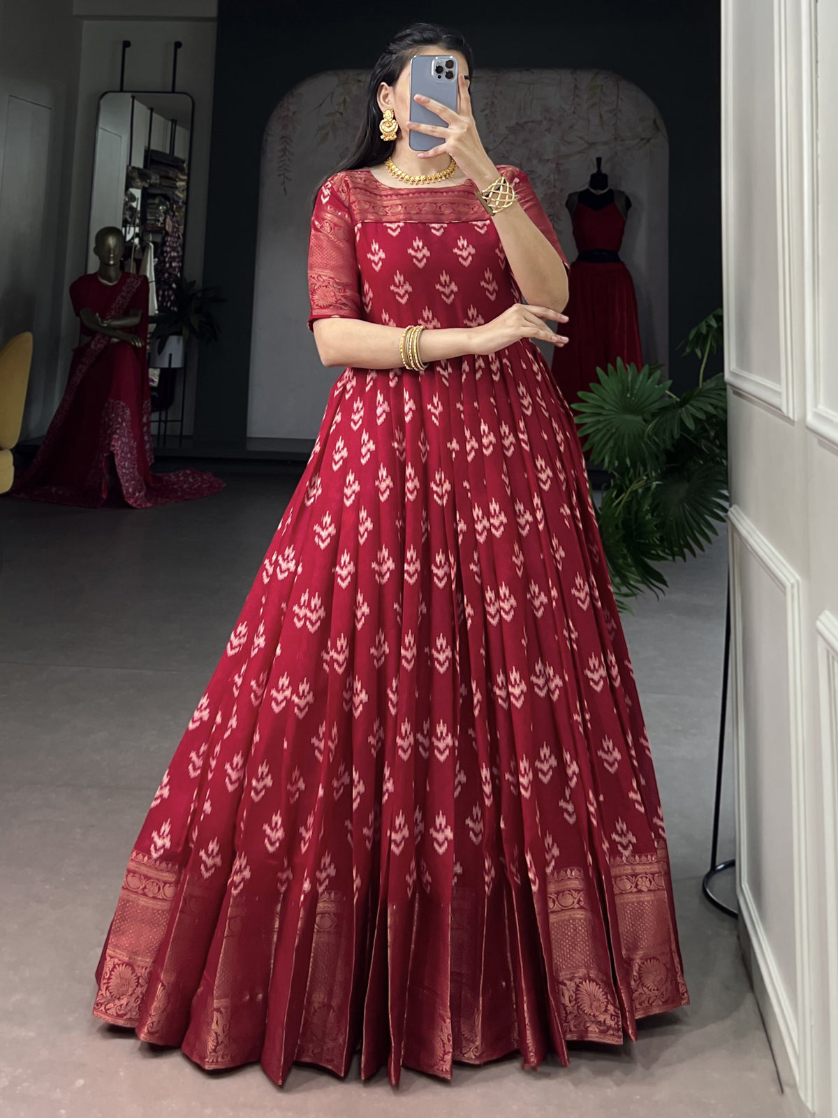 Precious Red Zari Weaving Cotton Wedding Wear Gown