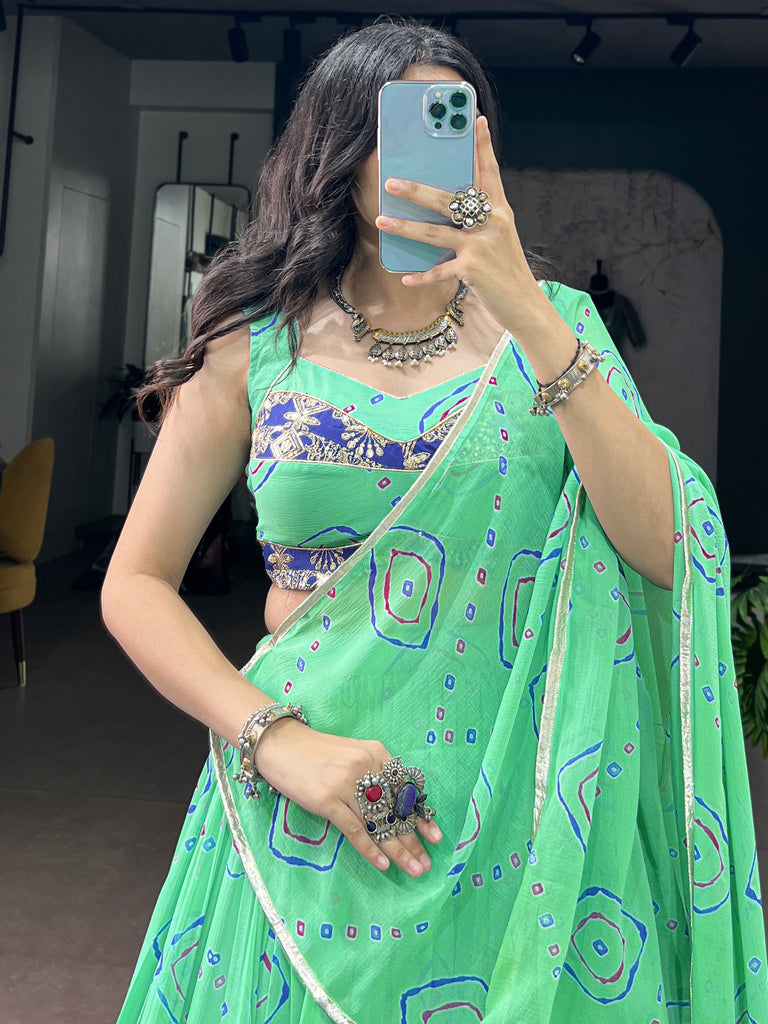 Classic Aqua Green Bandhej Printed Georgette Navratri Wear Lehenga Choli