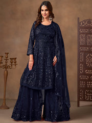 Beautiful Navy Blue Embroidered Net Wedding Wear Sharara Suit