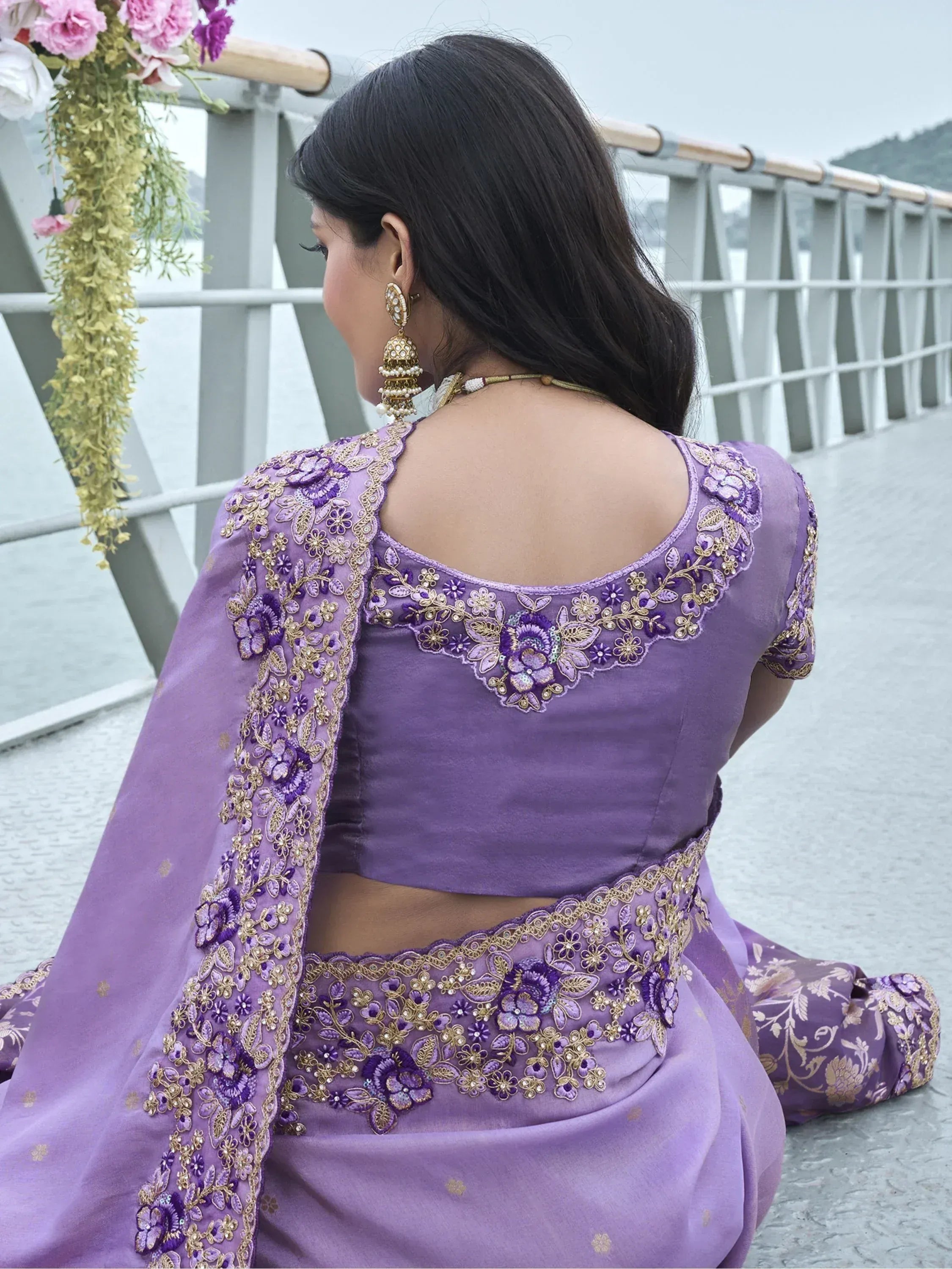 Captivating Lavender Zari Work Organza Silk Engagement Wear Saree