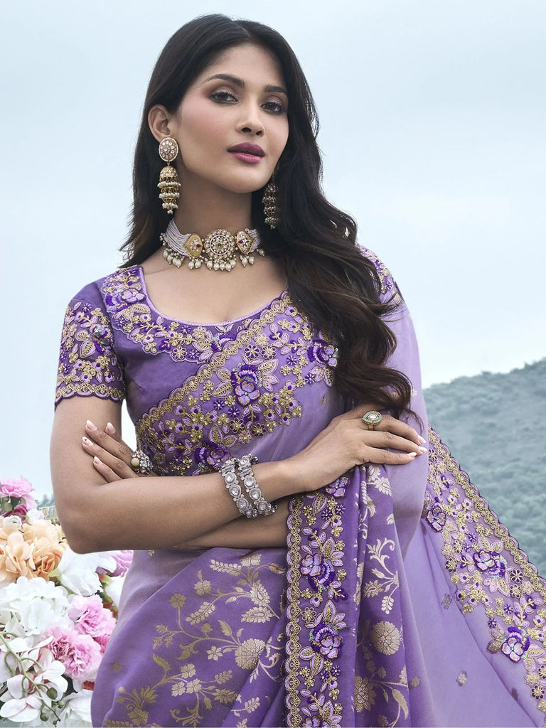 Captivating Lavender Zari Work Organza Silk Engagement Wear Saree