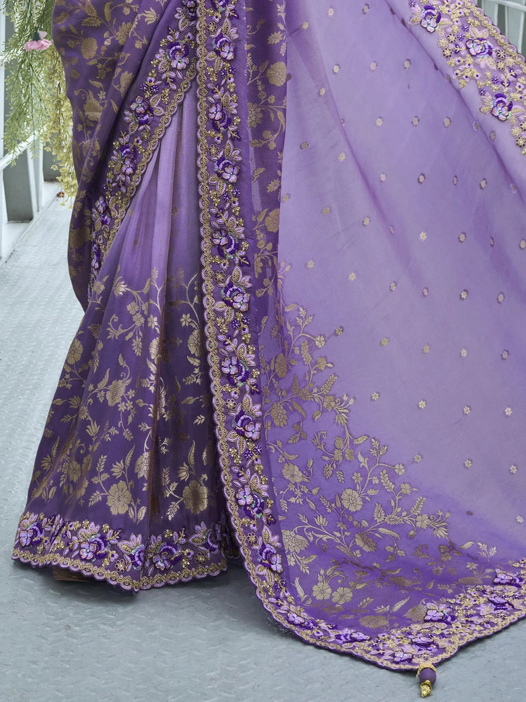Captivating Lavender Zari Work Organza Silk Engagement Wear Saree