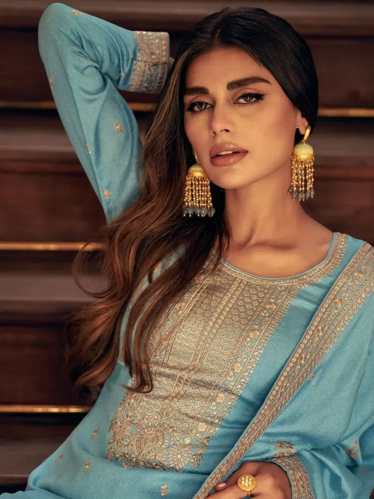 Irresistible Sky Blue Thread Embroidery Silk Event Wear Suit