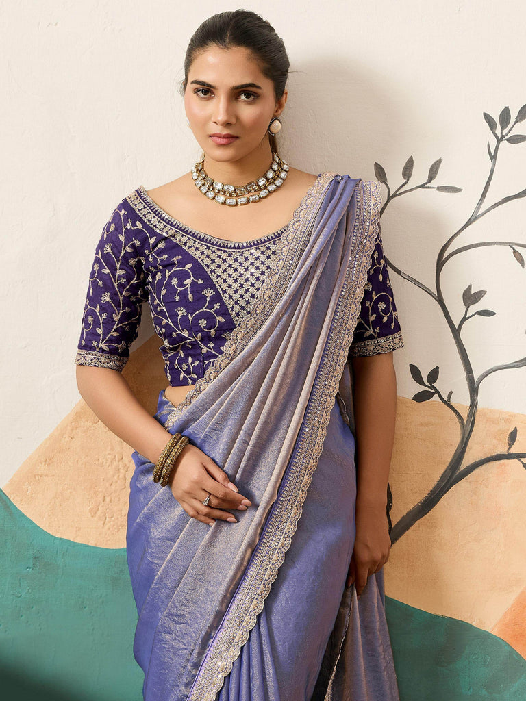 Great Purple Silk Festive Wear Saree With Heavy Embroidered Blouse