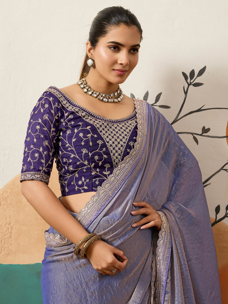 Great Purple Silk Festive Wear Saree With Heavy Embroidered Blouse