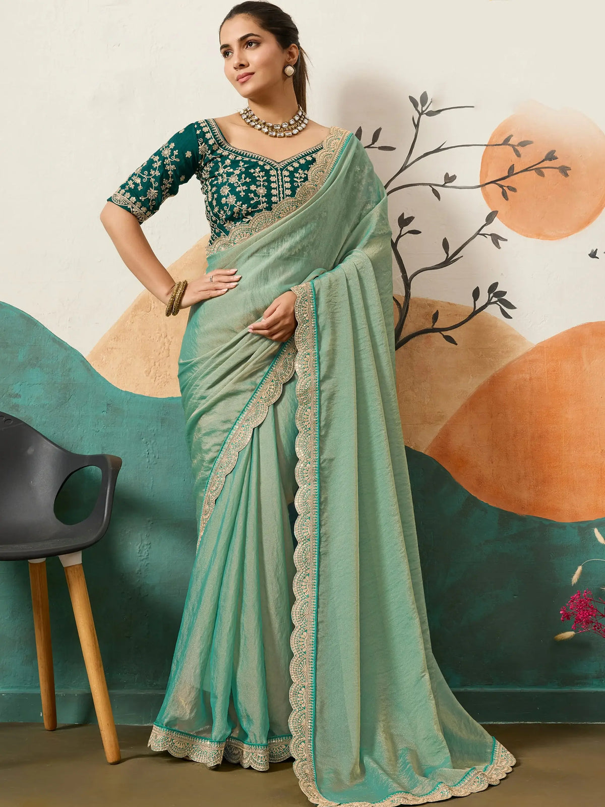 Wonderful Green Silk Party Wear Saree With Heavy Embroidered Blouse