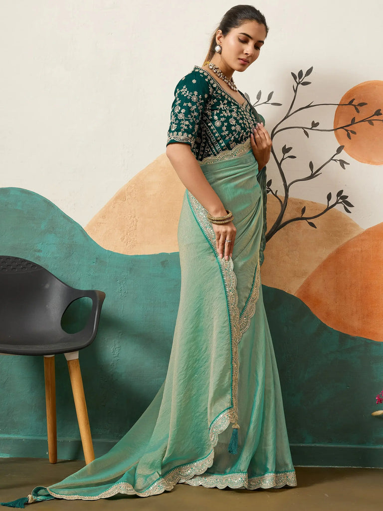Wonderful Green Silk Party Wear Saree With Heavy Embroidered Blouse