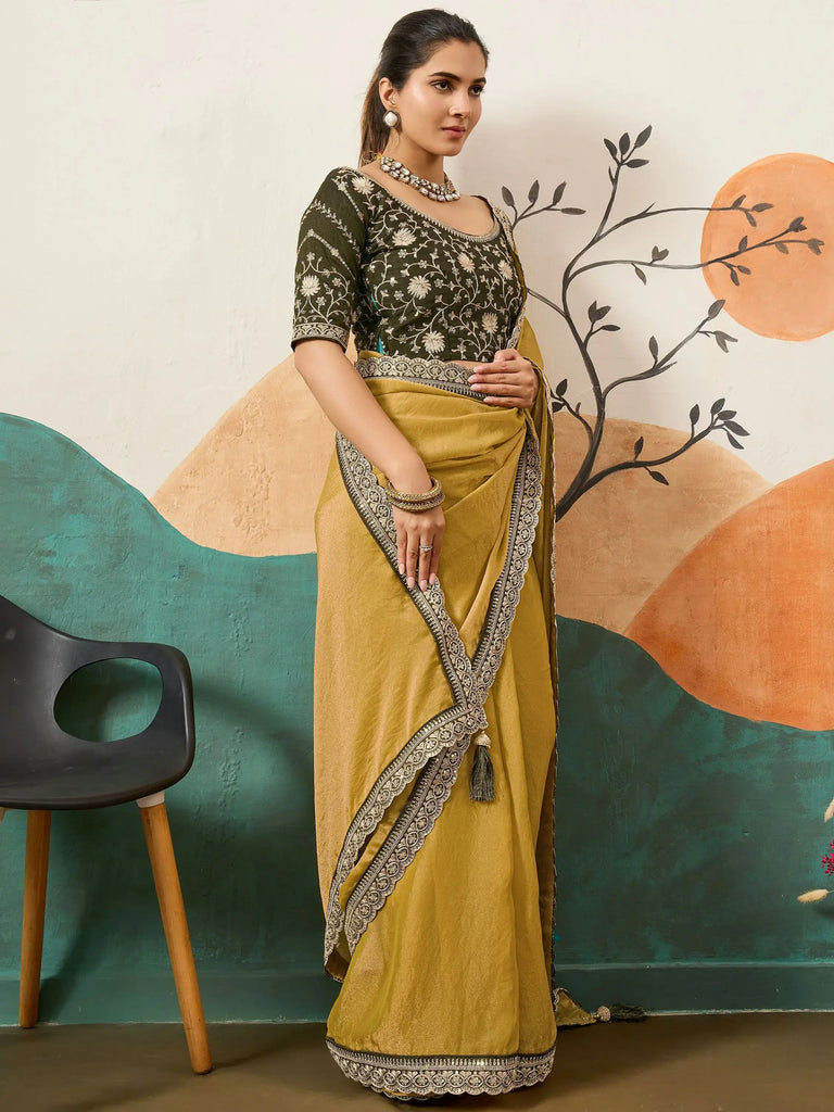 Lovely Yellow Silk Festive Wear Saree With Heavy Embroidered Blouse