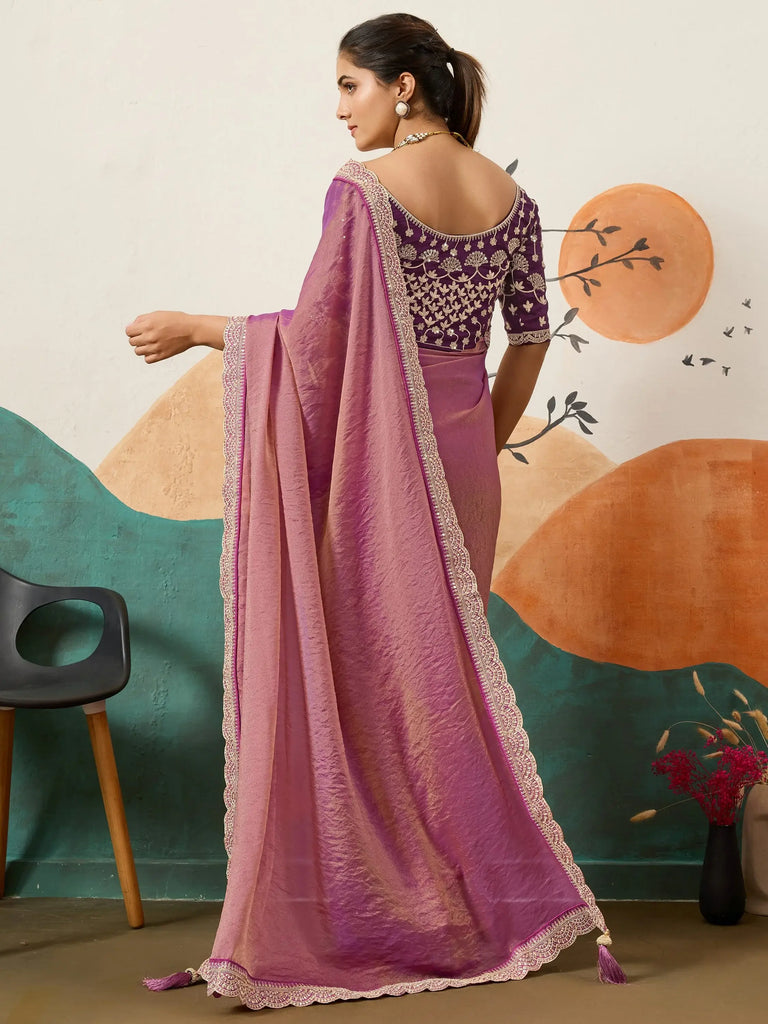 Stylish Pink Silk Party Wear Saree With Heavy Embroidered Blouse