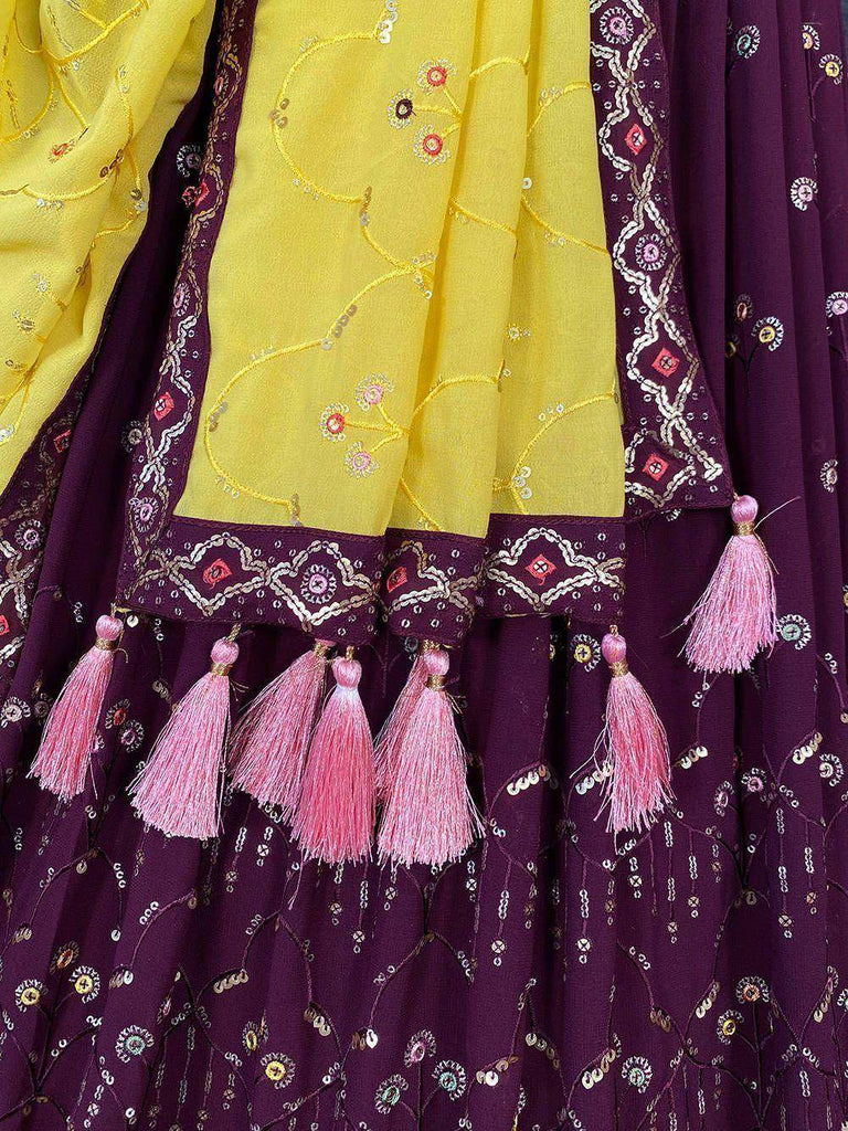 Beautiful Wine Thread Work Georgette Wedding Wear Lehenga Choli