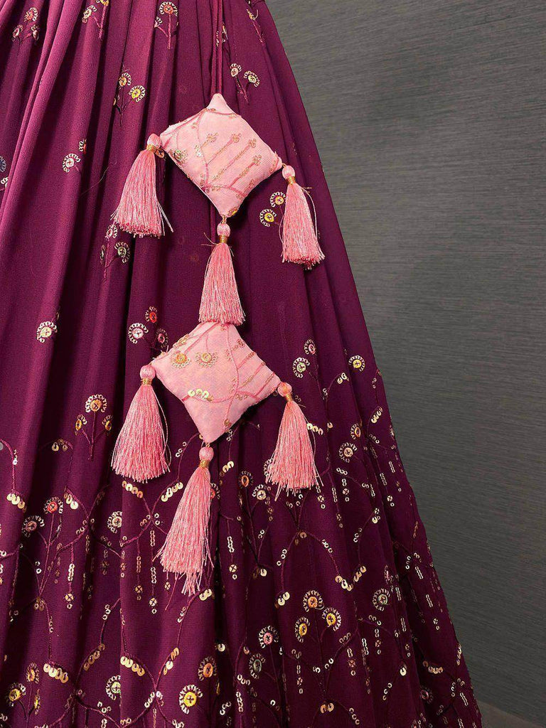 Beautiful Wine Thread Work Georgette Wedding Wear Lehenga Choli