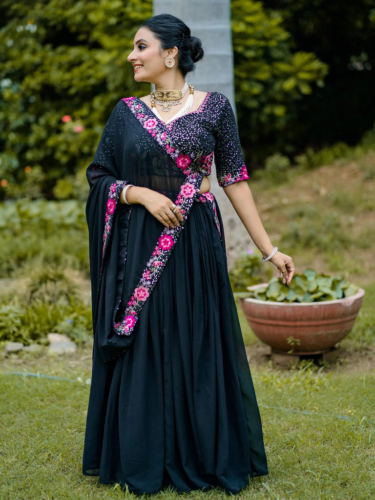 Elegant Black Embroidered Georgette Function Wear Lehenga Choli