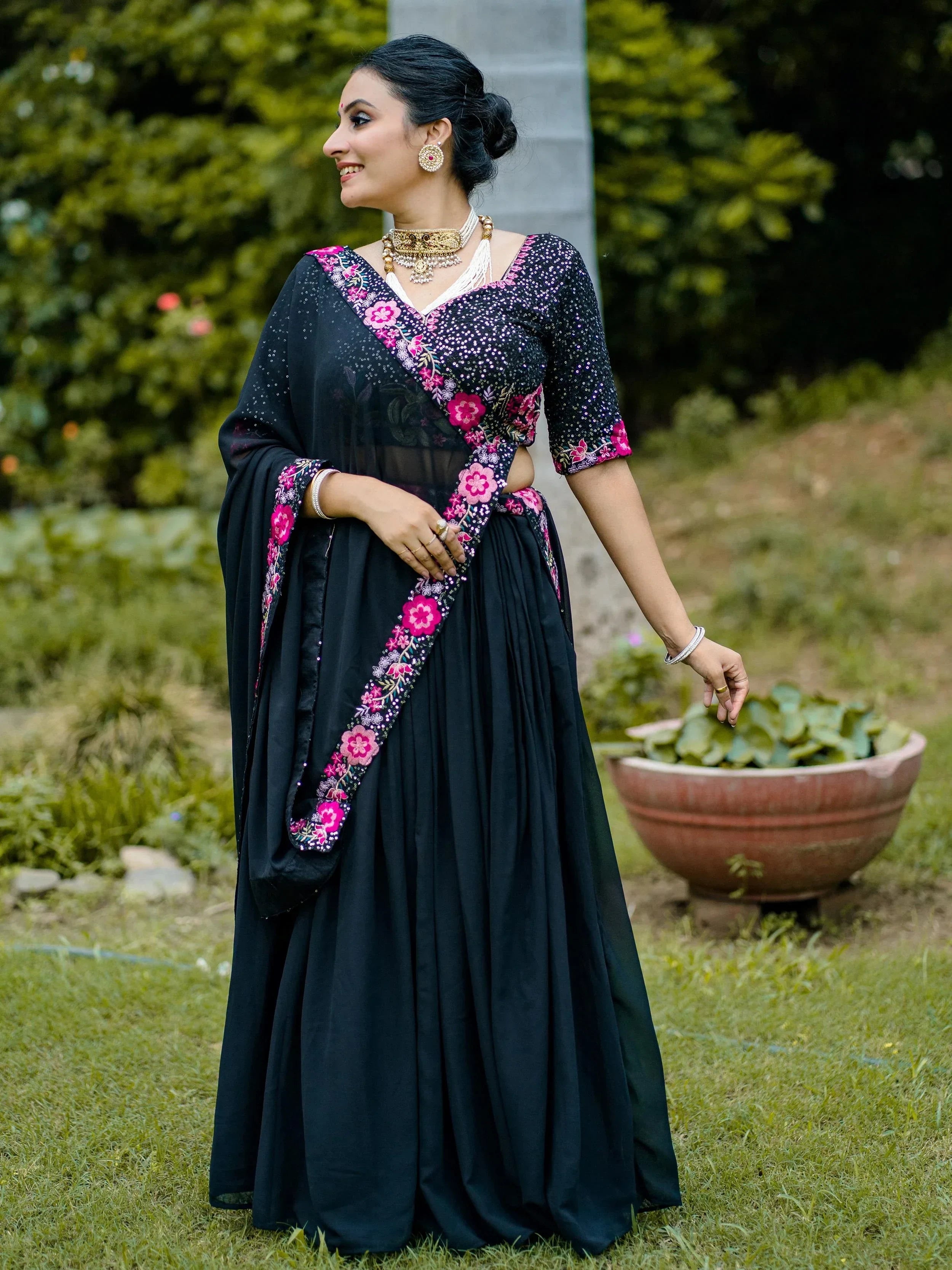 Elegant Black Embroidered Georgette Function Wear Lehenga Choli