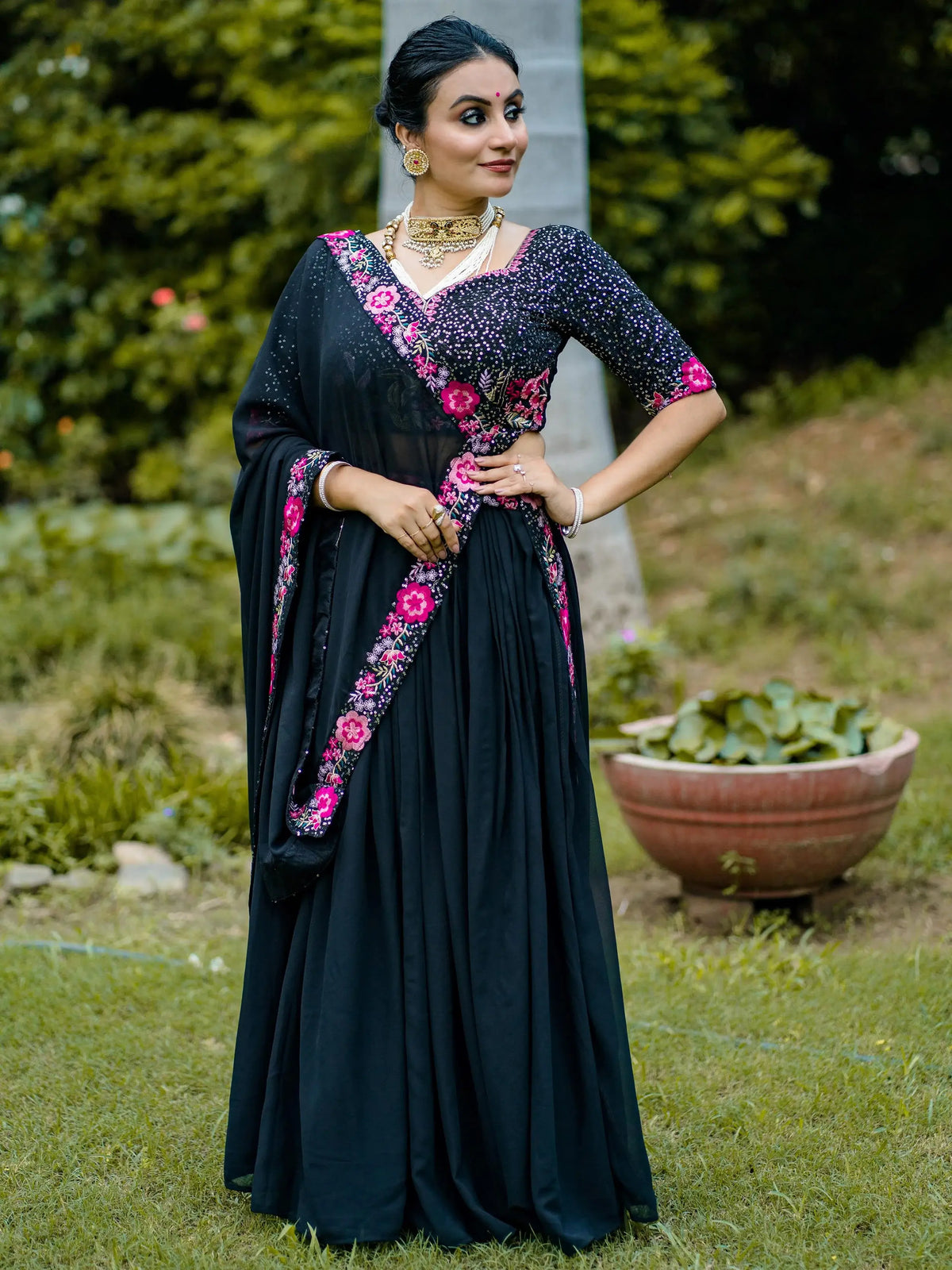 Elegant Black Embroidered Georgette Function Wear Lehenga Choli