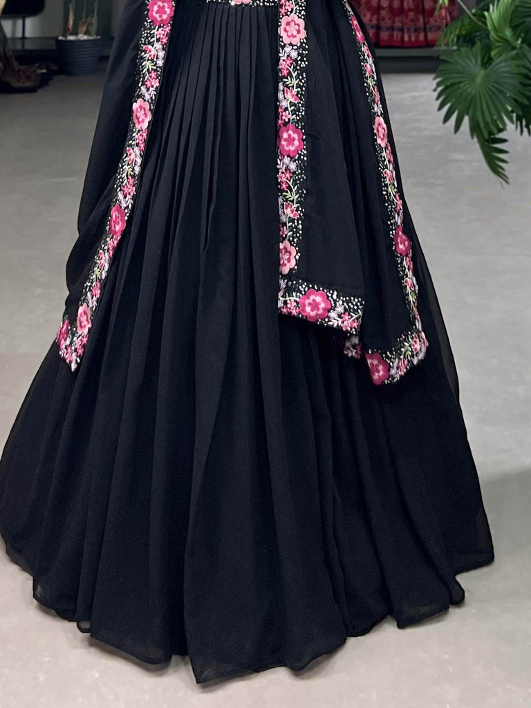 Pretty Black Sequins Georgette Party Wear Lehenga Choli With Dupatta