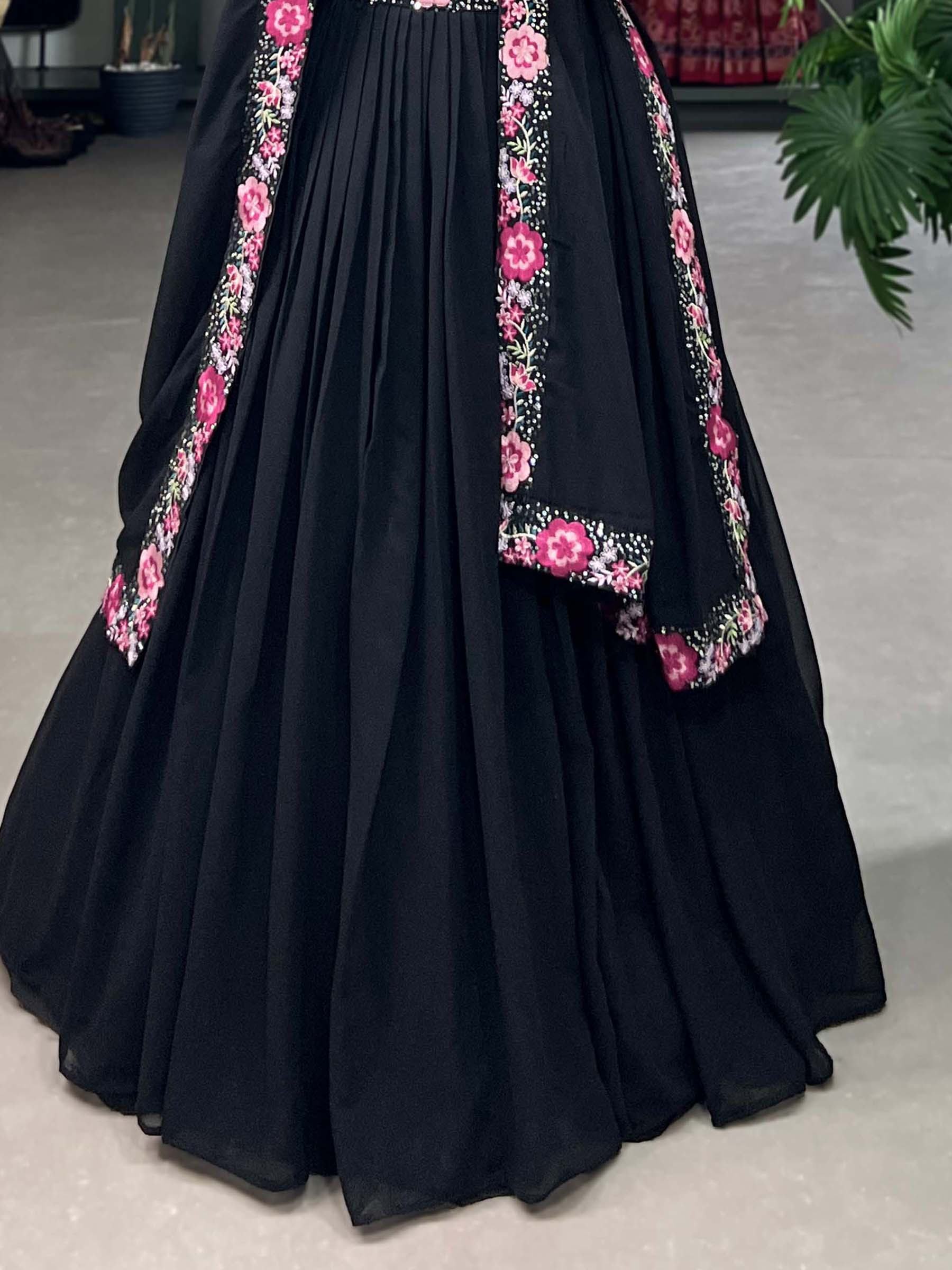 Black lehenga with pink floral embroidery, ethnic wear for women