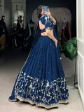 Stunning Firozi Silk Thread Embroidered Lehenga Choli With Dupatta