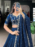 Stunning Firozi Silk Thread Embroidered Lehenga Choli With Dupatta