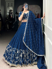 Stunning Firozi Silk Thread Embroidered Lehenga Choli With Dupatta