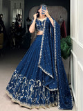 Stunning Firozi Silk Thread Embroidered Lehenga Choli With Dupatta
