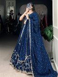 Stunning Firozi Silk Thread Embroidered Lehenga Choli With Dupatta
