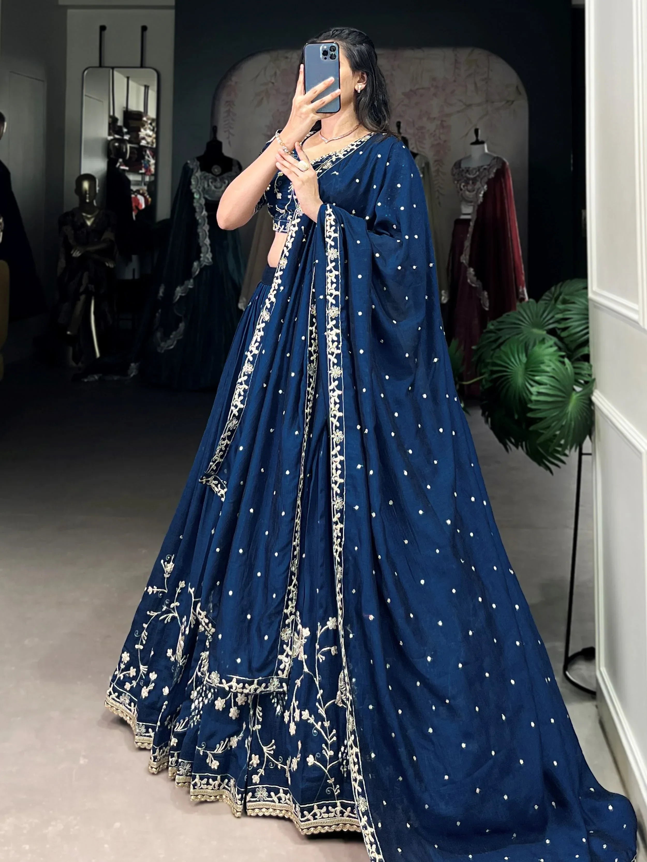 Stunning Firozi Silk Thread Embroidered Lehenga Choli With Dupatta