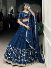 Stunning Firozi Silk Thread Embroidered Lehenga Choli With Dupatta