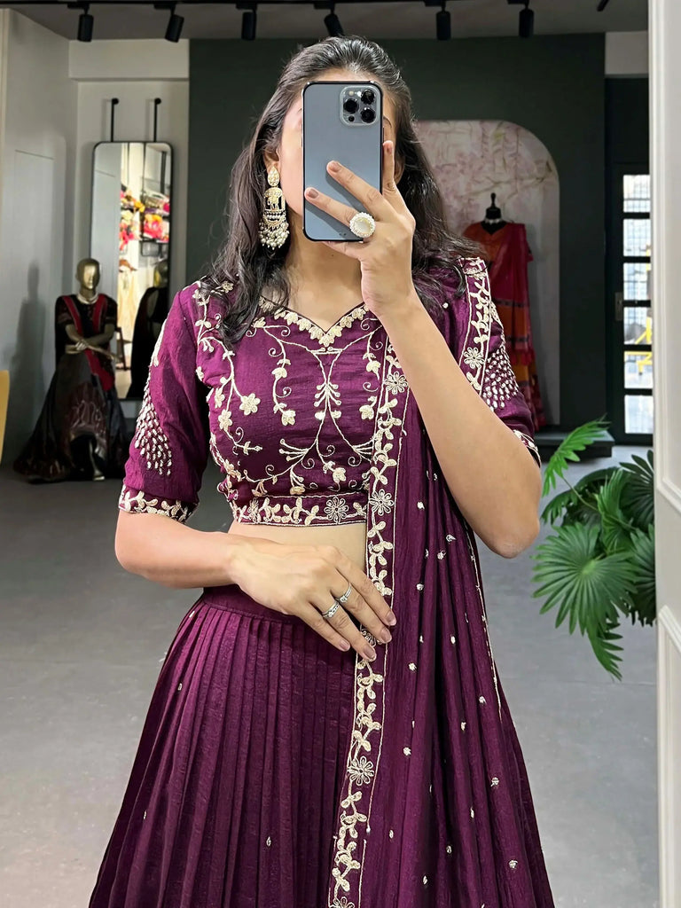 Tantalizing Wine Silk Sequins Embroidered Lehenga Choli With Dupatta